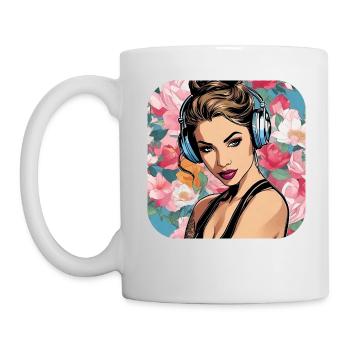 Fille cool avec des écouteurs et des fleurs - Mug blanc - blanc - Gauche