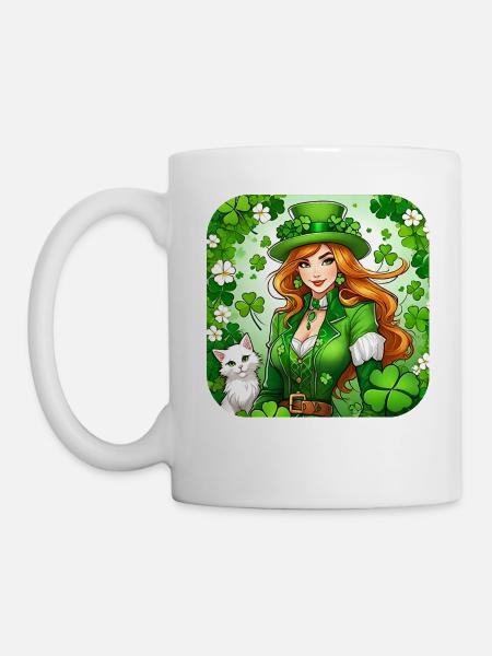 Saint Patricks Day Koboldin mit Katze - Tasse - Weiß