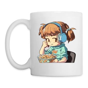 Mädchen mit Kopfhörern hört Musik und isst Müsli - Tasse - Weiß - Links