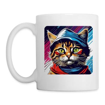 Coole getigerte Katze mit Mütze - Tasse - Weiß - Links