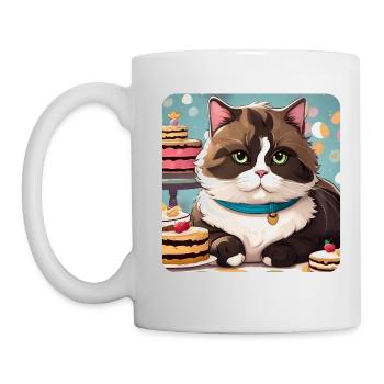 Dicke Katze mit Süßigkeiten - Tasse - Weiß - Links