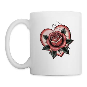 Herz mit Rose mit Sicherheitsnadel, Liebe, Tattoo - Tasse - Weiß - Links