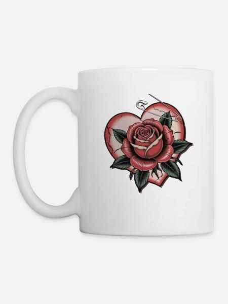 Herz mit Rose mit Sicherheitsnadel, Liebe, Tattoo - Tasse - Weiß