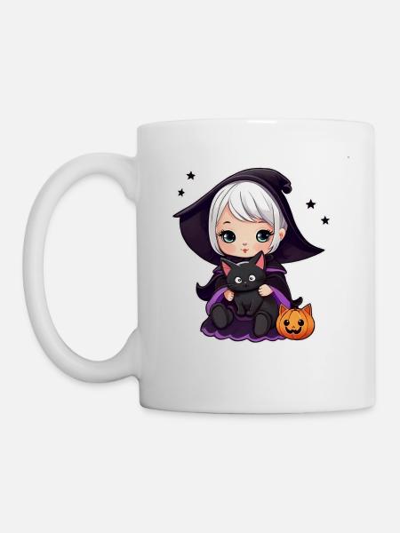 Niedliche Hexe mit schwarzer Katze - Tasse - Weiß