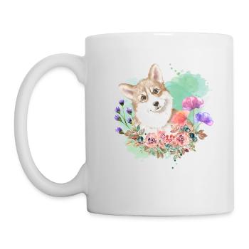 Welsh Corgi Cottagecore Wasserfarben Blumen - Tasse - Weiß - Links