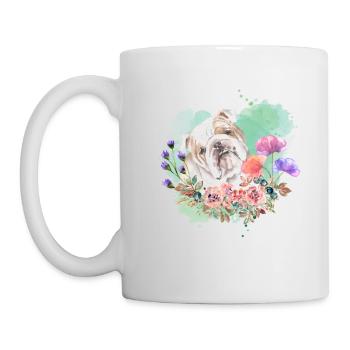 Bulldogge Cottagecore Wasserfarben Blumen - Tasse - Weiß - Links