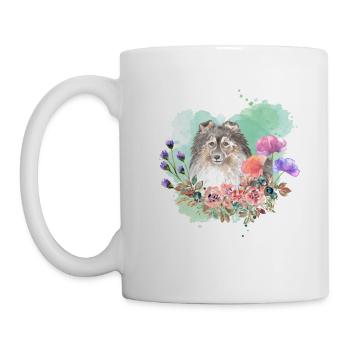 Shetland Sheepdog Cottagecore Wasserfarben Blumen - Tasse - Weiß - Links