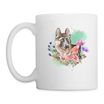 Schäferhund Cottagecore Wasserfarben Blumen - Tasse - Weiß - Links