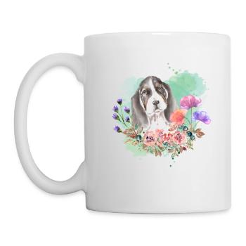 Basset Hound Welpe Cottagecore Wasserfarben Blumen - Tasse - Weiß - Links