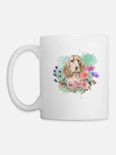 Cocker Spaniel Cottagecore Aquarelle Fleurs - Mug blanc - blanc