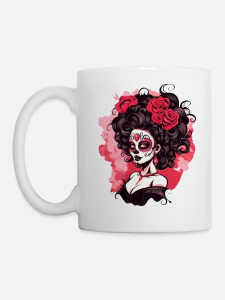 Dia de los muertos femme maquillage avec des fleurs - Mug blanc - blanc