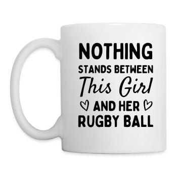 Nichts steht zwischen diesem Mädchen und ihrem Rugbyball - Tasse - Weiß - Links