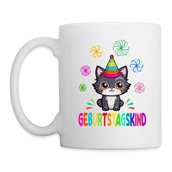 Geburtstagskind süßes Kätzchen bunte Blumen Wirbel - Tasse - Weiß - Links
