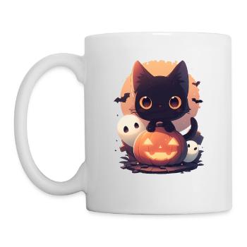 Niedliche Halloween Katze mit Kürbis und Geistern - Tasse - Weiß - Links