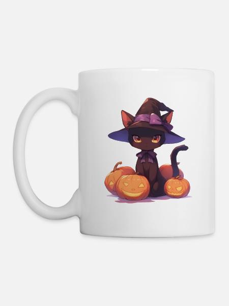Cute Halloween cat with witch hat and pumpkin - Mug - white