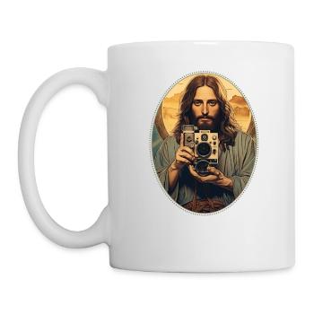 Jésus se blottit Vintage appareil photo T Shirt, Christian - Mug blanc - blanc - Gauche