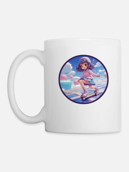 Chibi Skateboard Anime Fille Vaporwave Géométrique - Mug blanc - blanc