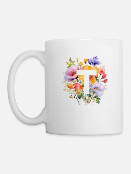 T Monogramm , bunter Blumenstrauss - Tasse - Weiß