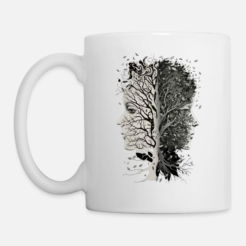 Baumgesichter mit Blättern, die kühle weibliche Gesichter blasen - Tasse - Weiß