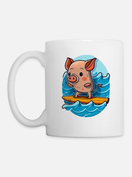 Süßes Schwein im Meer auf Surfboard surft surfen - Tasse - Weiß