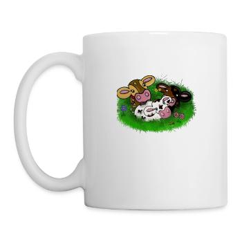 Les vaches qui se tiennent ensemble dans la prairie et mangent - Mug blanc - blanc - Gauche