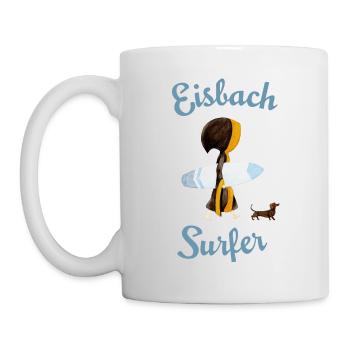 Münchner Kindl mit Surfbrett und Dackel - Tasse - Weiß - Links