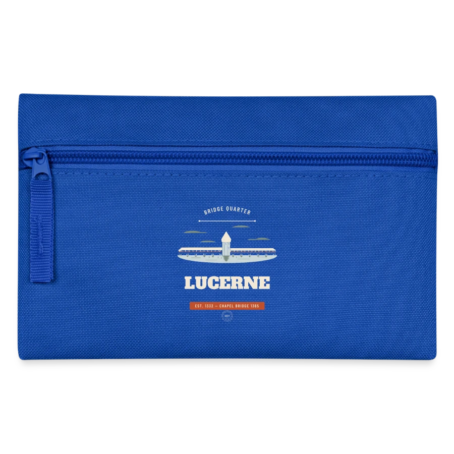 Lucerne badge on a pencil case, royal blue