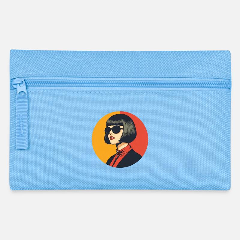 Retro Cool Frau mit schwarz Haar und Sonnenbrille - Federtasche - Hellblau