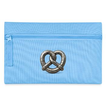 Genietetes Metall, ineinander verschlungene Metallbrezel aus Blech - Federtasche - Hellblau - Vorne