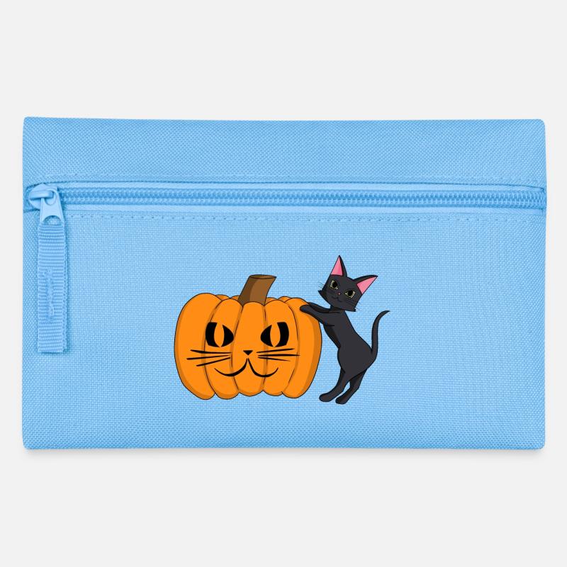 Black Cat with Pumpkin Grimace - Pencil Case - light blue