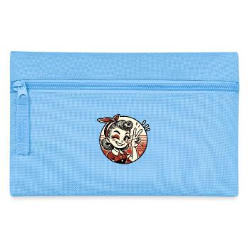 Retro 1950er Cartoon-Mädchen mit Peace-Zeichen - Federtasche - Hellblau - Vorne