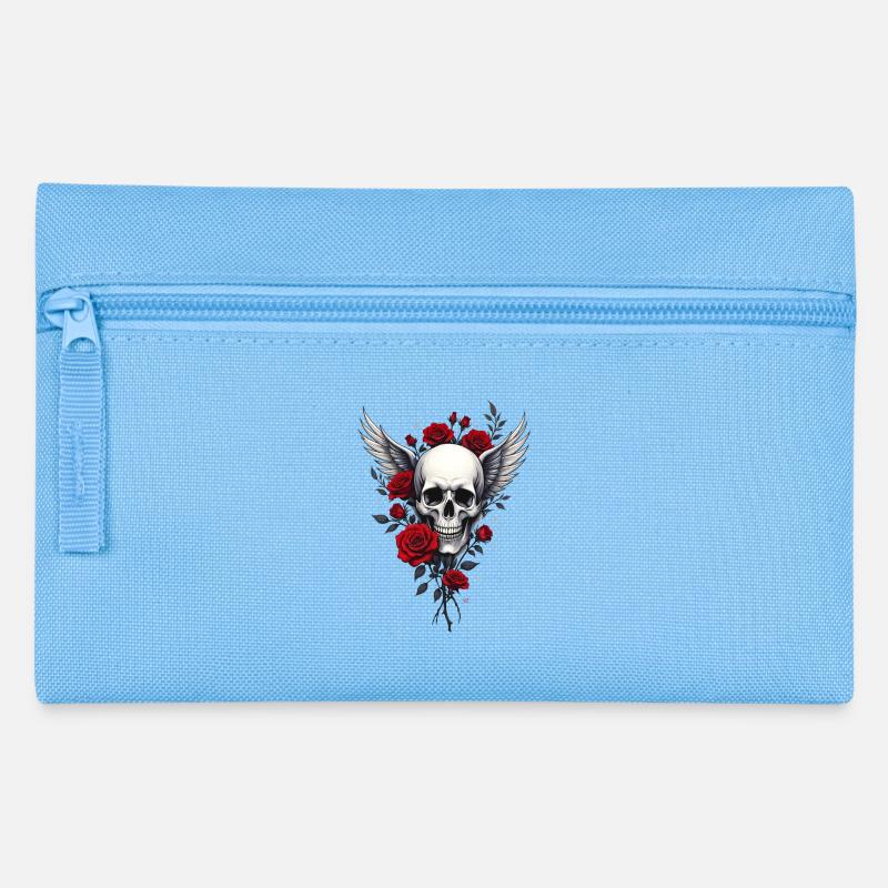 Winged skull & red roses, gothic, skull - Pencil Case - light blue