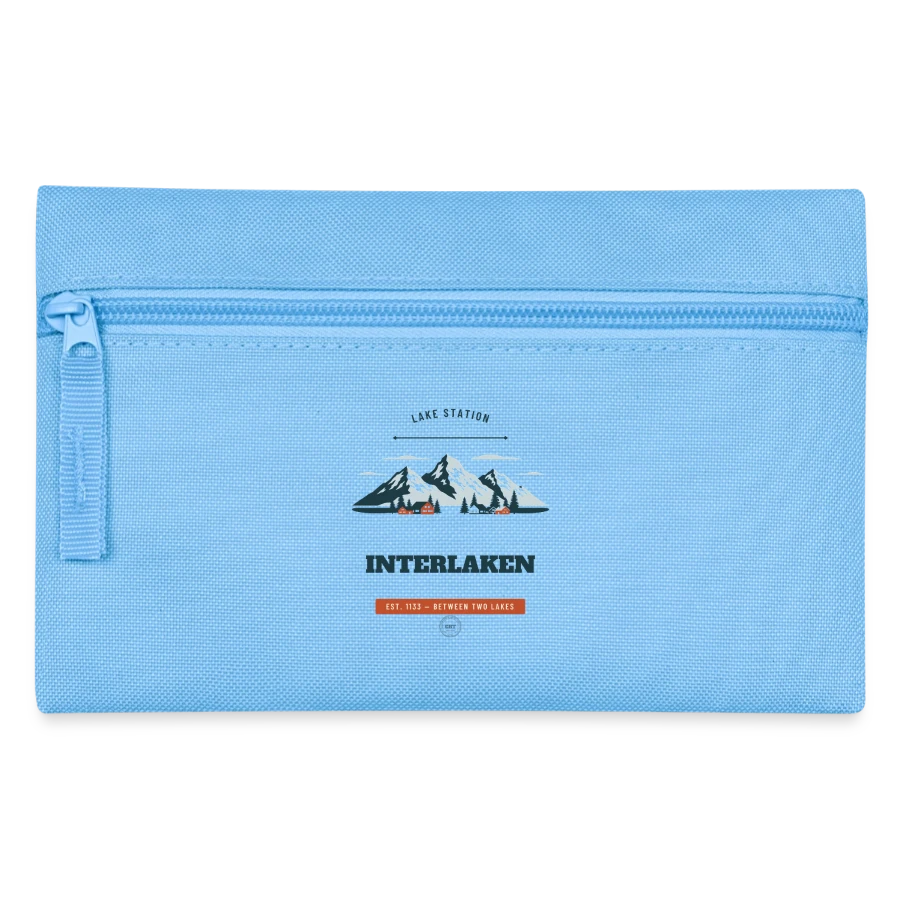 Interlaken badge on a pencil case, light blue