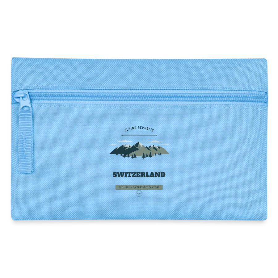Switzerland badge on a pencil case, light blue