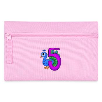 5 Jahre alt - 5. Geburtstag - Pfau Vogel Motiv - Federtasche - Rosa - Vorne