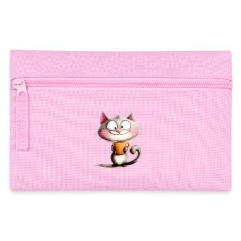 Fröhliche Katze mit Kaffee - Cartoon-Stil - Federtasche - Rosa - Vorne