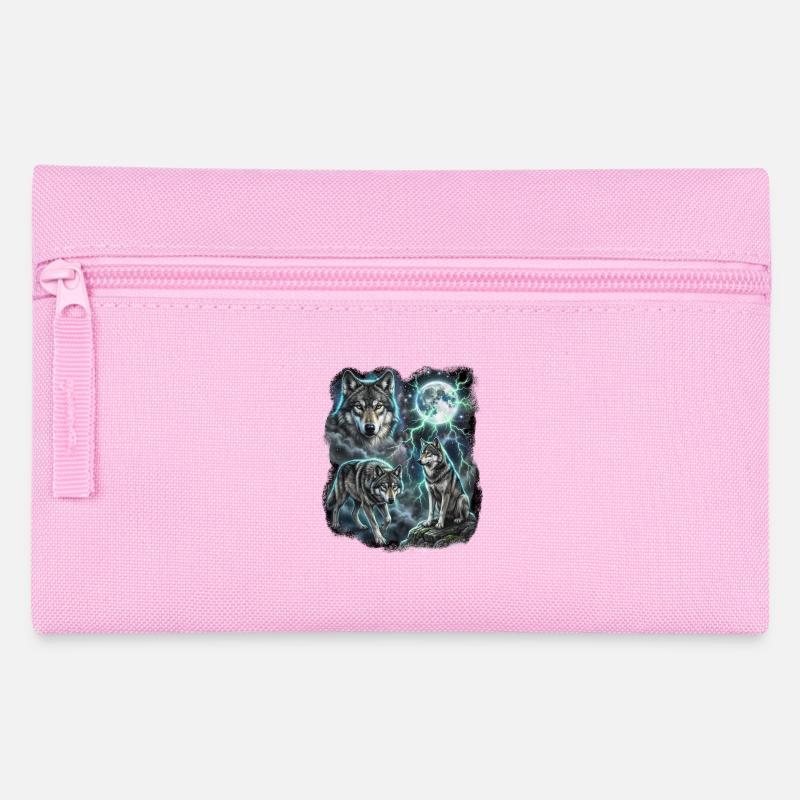 THREE Wild Wolves with Moon Wildlife Designs - Pencil Case - pink