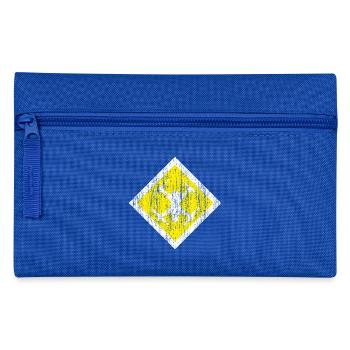 Cooles Dronen Schild in Karo Form auf gelbem Grund - Federtasche - Royalblau - Vorne
