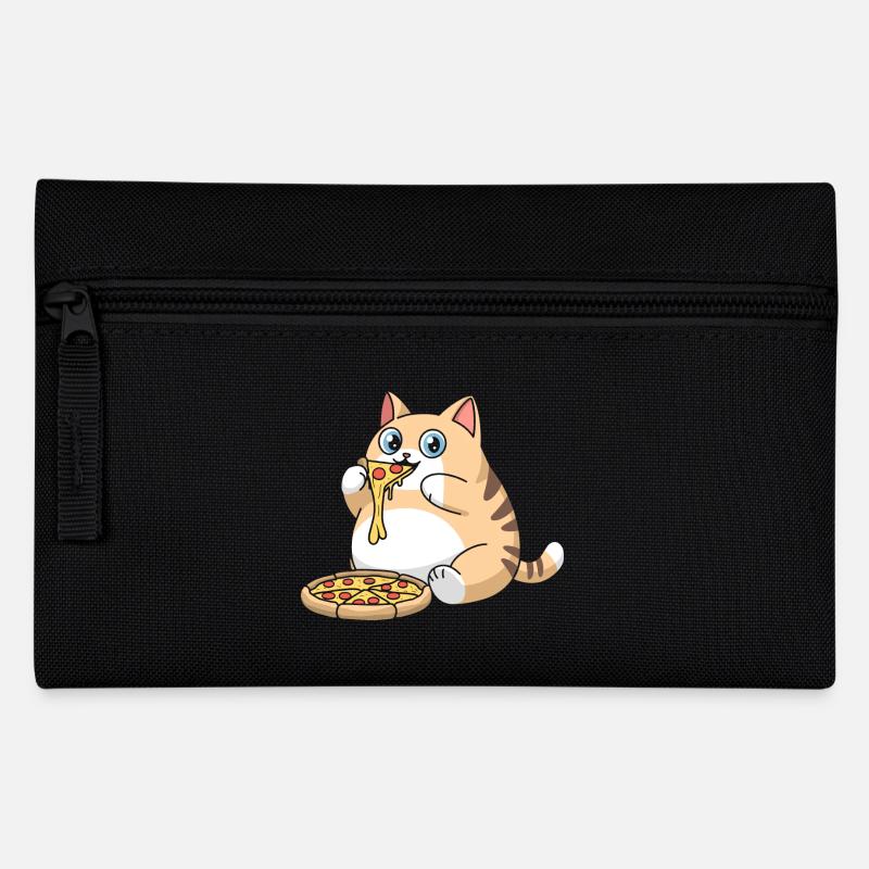 Cute Chubby Cat Eating Pizza - Pencil Case - black