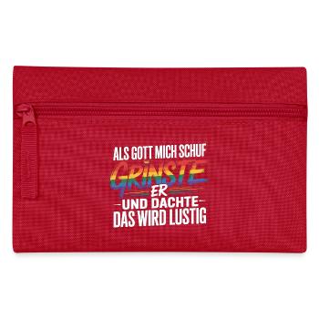 Als Gott mich schuf grinste er – Pride Humor - Federtasche - Rot - Vorne