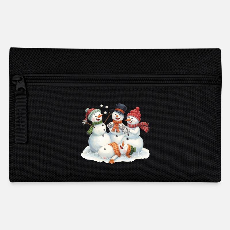 Vier lachende Schneemänner bei Schneeballschlacht - Federtasche - Schwarz