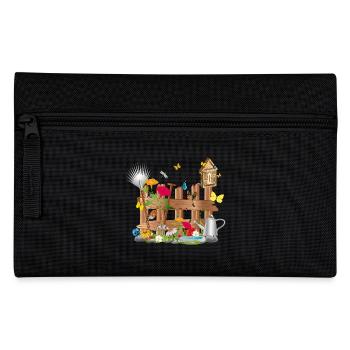 liebevoll gestalteter bunter Gartenzaun mit Blumen - Federtasche - Schwarz - Vorne