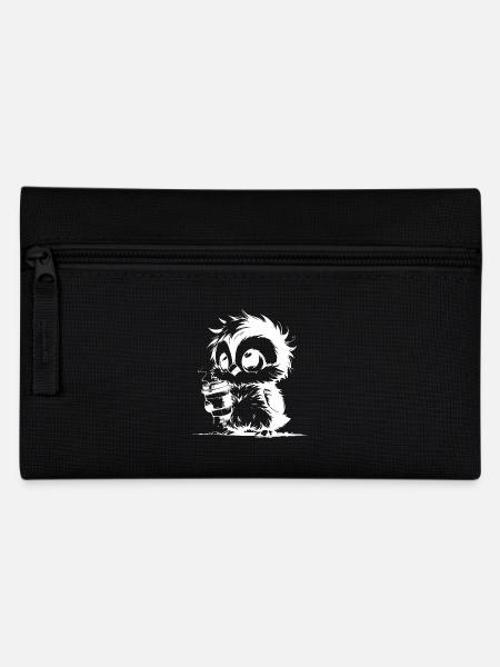 Kleine verwuschelte müder Eule mit Kaffee - Federtasche - Schwarz