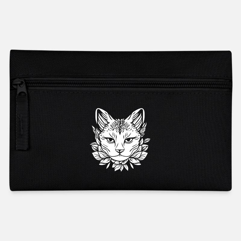 Cat Head with Leaves Design - Pencil Case - black