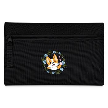 Waving happy Corgi dog in floral wreath - Pencil Case - black - Front