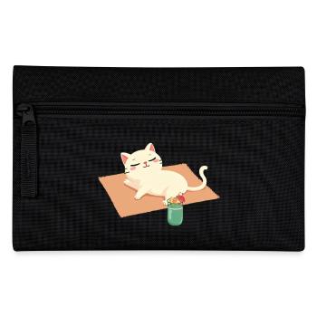 Chat de dessin animé se relaxant sur la plage sur une couverture et une boisson - Trousse - noir - Devant