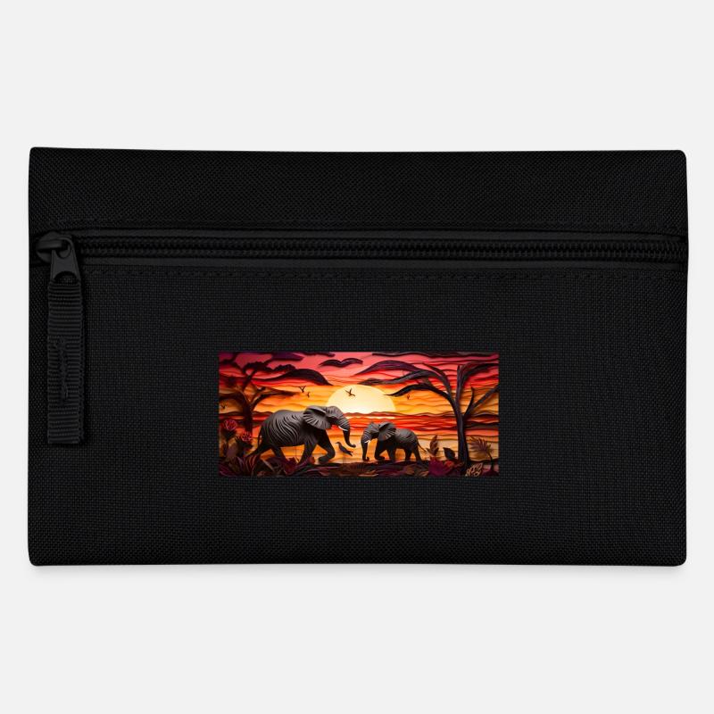 Sonnenuntergang über Savanne - Elefanten - Federtasche - Schwarz