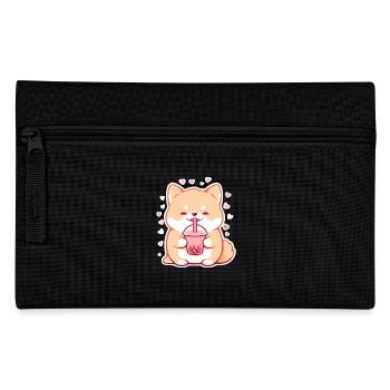 Kawaii Corgi Dog Drinks Boba Bubble Tea Chibi - Pencil Case - black - Front