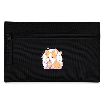 Kawaii Corgi Dog Drinks Boba Bubble Tea Chibi - Pencil Case - black - Front
