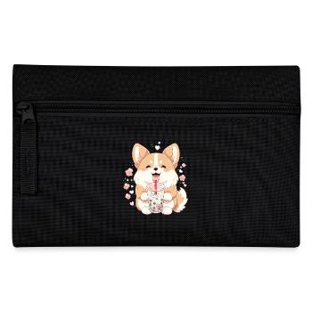 Kawaii Corgi Dog Drinks Boba Bubble Tea Chibi - Pencil Case - black - Front